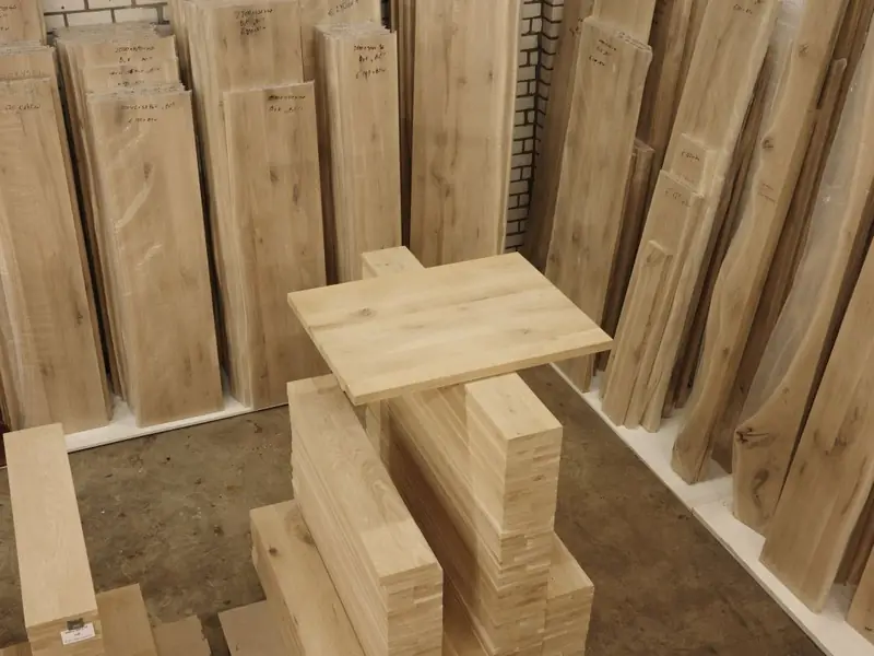 Brede eiken planken tegen de muur van het magazijn