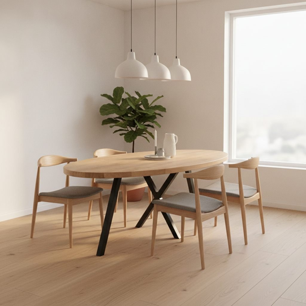 Luna eiken eettafel ovaal met kruispoot, zijaanzicht